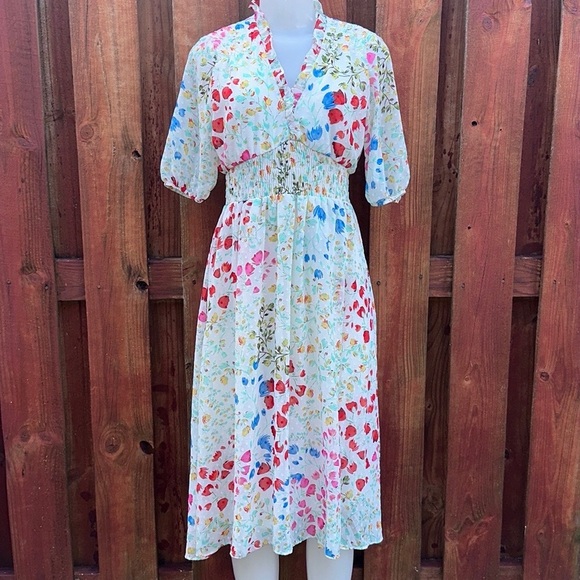 Maison Tara Smocked Floral Clip Dot Chiffon Dress Size 6 - Picture 2 of 14